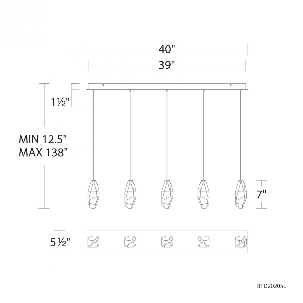 Martini 5 Light 120-277V Multi-Light Pendant (Linear Canopy) in Black with Clear Optic Crystal